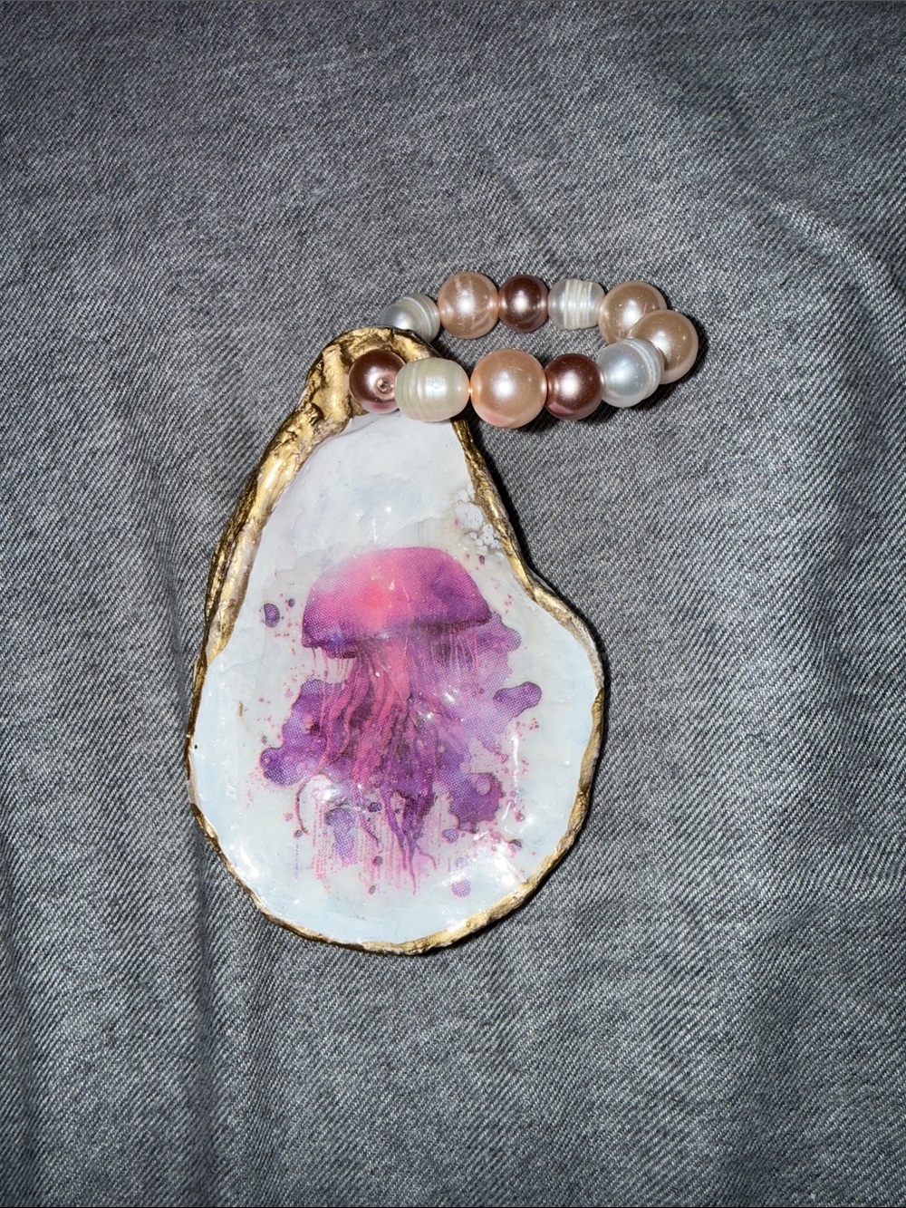 Handcrafted Purple Jellyfish Oyster Shell Ornament with Pearl Bead Loop